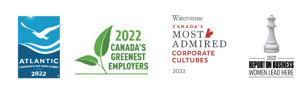 Award 1: Atlantic Canada's top employers 2021. Award 2: 2021 Canada's Greenest Employers. Award 3: Nova Scotia's Top Employers 2021. Award 4: Waterstone Canada's Most Admired Cooperate Cultures 2021.