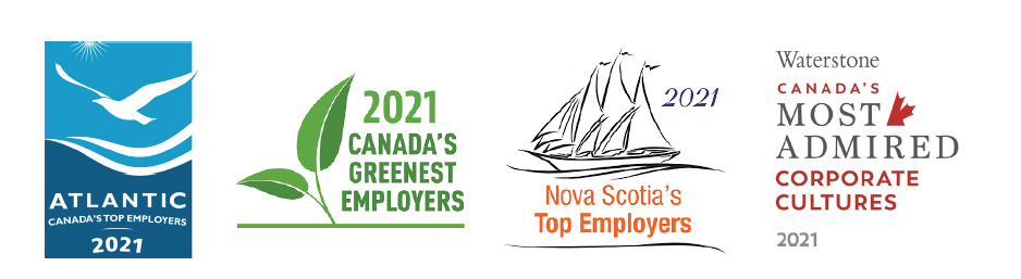 Award 1: Atlantic Canada's top employers 2021. Award 2: 2021 Canada's Greenest Employers. Award 3: Nova Scotia's Top Employers 2021. Award 4: Waterstone Canada's Most Admired Cooperate Cultures 2021.